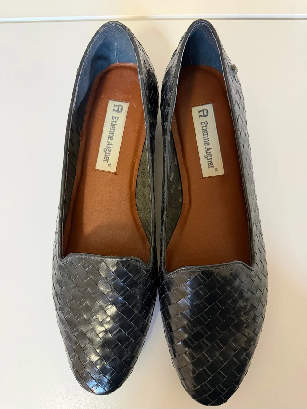Etienne Aigner Black Woven Weave Leather Slip-On Flats 10M VTG Academia